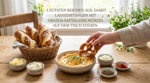 5 Zutaten reichen aus, damit Laugenstangen mit Obazda saftig und würzig auf dem Tisch stehen