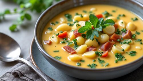 Cremige Kartoffelsuppe mit frischen Erbsen und würzigem Speck