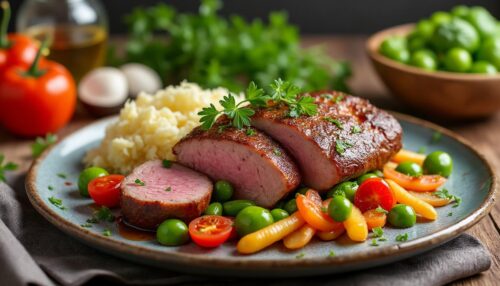 Ich genieße meinen Schweinebraten mit knackigen Frühlingsgemüsen