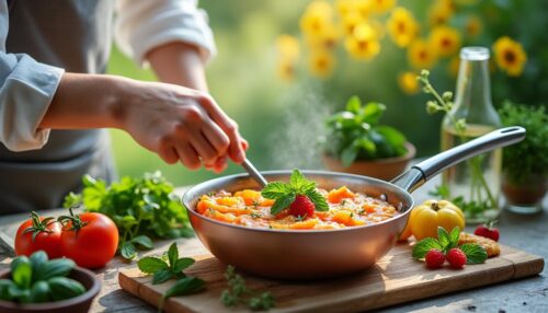 Ich koche meinen Erbseneintopf mit frischen Kräutern im März