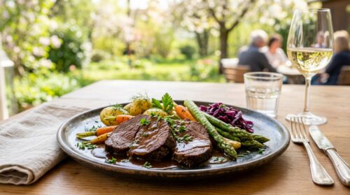 Mein Sauerbraten mit Frühlingsgemüse zeigt zarte Aromen